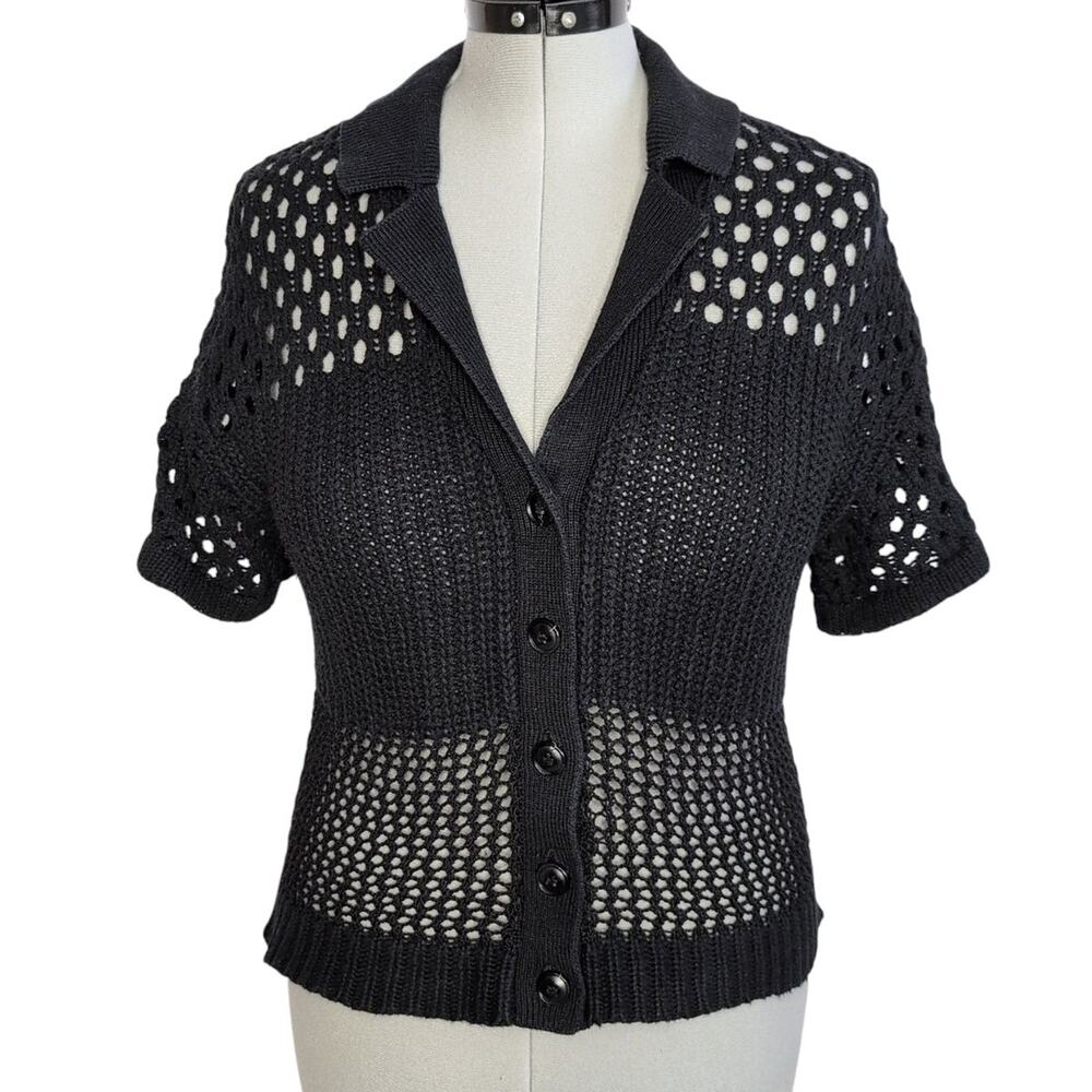 Anthropologie black knit & crochet open stitch polo cardigan sweater, size small